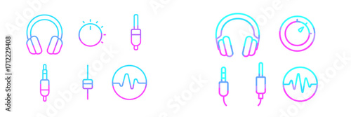 Contemporary gradient line icons for audio devices, sound engineering, music production, and sound wave interfaces with vibrant colors