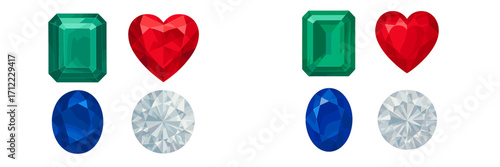 Variety of brilliant faceted gemstones in classic cuts and vibrant colors, featuring emerald, heart, oval, and round shapes