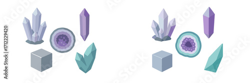 Assortment of stylized geometric mineral crystals, a purple geode slice, and a solid gray cube in soft pastel colors