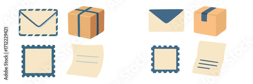 Collection of various postal service elements including envelopes, packages, stamps, and letters for communication and delivery