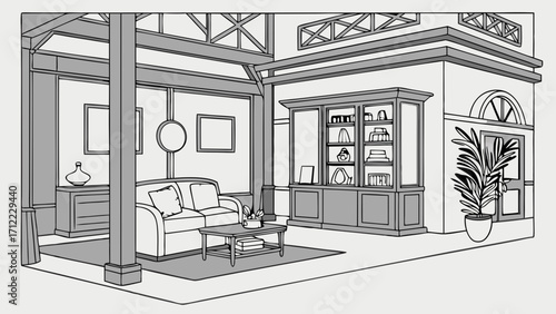 Interior design sketch modern living room illustration grayscale drawing home decor blueprint architectural drawing house plan apartment design furniture layout bookshelf sofa coffee ta.