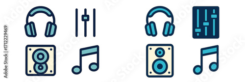 Collection of music audio equipment and sound control icons with headphones, speakers, and musical notes