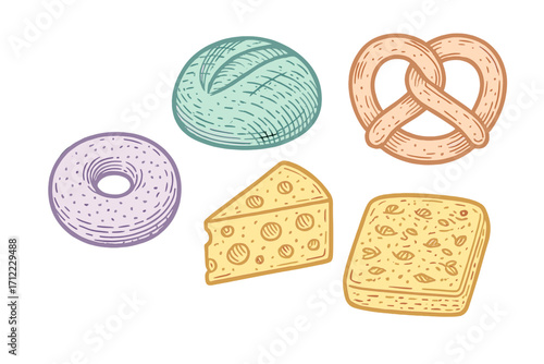 Assortment of breakfast and snack foods featuring a bagel, pretzel, bread roll, cheese, and cracker