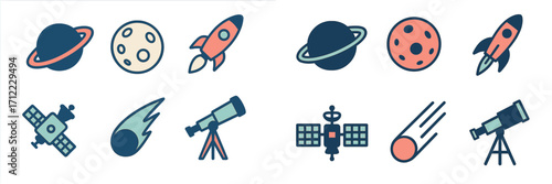 Diverse set of space and astronomy icons including planets, rockets, satellites, comets, and telescopes