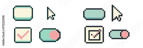 Retro pixel art user interface elements with interactive buttons, selection boxes, and mouse cursors