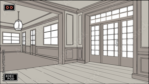 Interior Design House Plan Home Architectural Drawing Room Sketch Elegant Hallway French Doors Wood Floor Paneling Wainscoting Classical Style Home Decor Interior Blueprint House Inte.