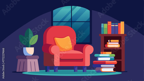 A cozy reading nook tucked into a corner featuring a plush velvet armchair and a stack of books.