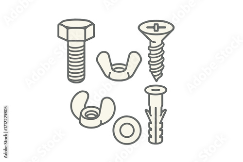 Assortment of common hardware fasteners including bolt, screw, wing nuts, washer, and wall anchor