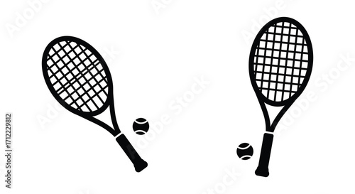 Two tennis rackets and balls in a simple black and white illustration