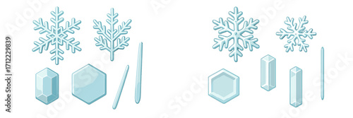 Assortment of winter ice and snow elements featuring snowflakes, ice crystals, hexagonal blocks, and icicles