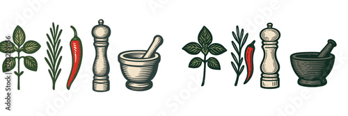 Fresh culinary herbs and spices with traditional kitchen grinding tools like mortar and pestle and pepper mill