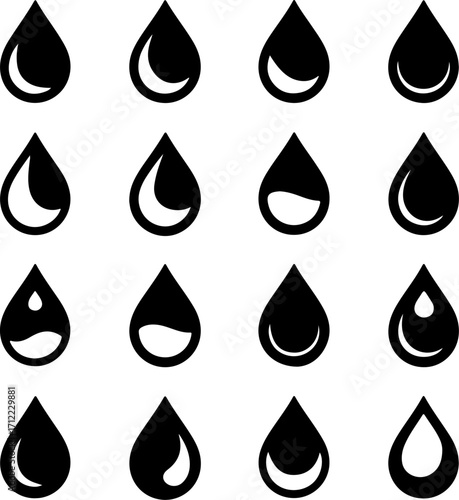 A versatile set of black monochrome droplet icons, symbolizing concepts of water, oil, tears, and purity for use in logos, web design, and infographics
