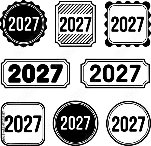 Set of 2027 Label Designs Black and White Vector Year Graphics for Creative Projects