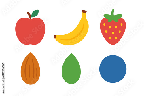 Vibrant collection of healthy fruits and nuts, including fresh apple, banana, strawberry, almond, and blueberry, promoting a balanced diet and natural nutrition