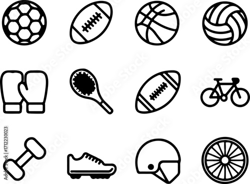Collection of linear sports icons representing various athletic activities and equipment for fitness and healthy lifestyle concepts, visually appealing graphic elements