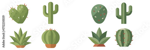 Diverse collection of desert plants featuring various cacti and succulents in a modern flat design style