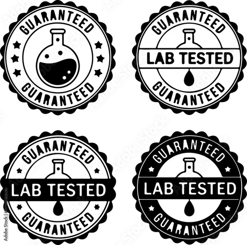 Set of four black and white circular stamps with the words 'Guaranteed Lab Tested' and a science flask icon symbolizing quality assurance and scientific validation