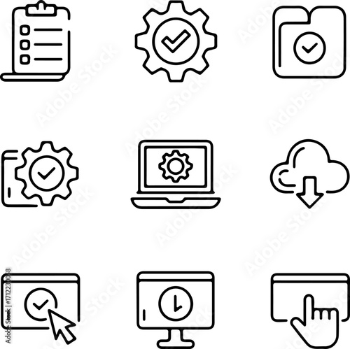 Modern collection of linear digital icons illustrating task management, system configuration, cloud services, and online process optimization for web and app design