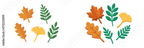 Vibrant autumnal foliage assortment featuring different plant leaf shapes like maple oak and ginkgo for seasonal themes and decoration