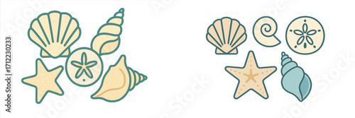 Stylized collection of various ocean shells, sand dollar, and starfish in a clean graphic composition