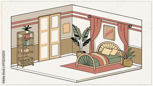 Isometric illustration of a cozy bedroom interior with plants and a unique bed design.