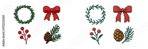 Pixel art Christmas holiday decorative elements set featuring festive wreaths red bows berries pinecones and green pine branches