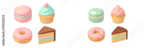 Collection of various sweet pastel desserts including macarons cupcakes donuts and cake slices on a clean white background