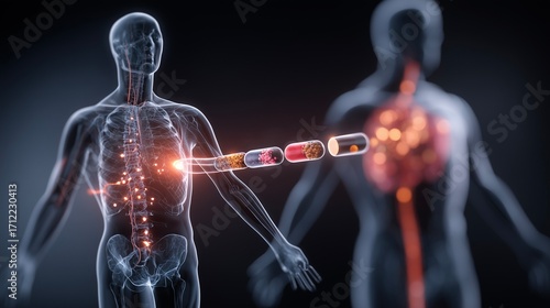 A visualization of pharmacokinetics (ADME), showing the journey of a drug capsule through the human body.