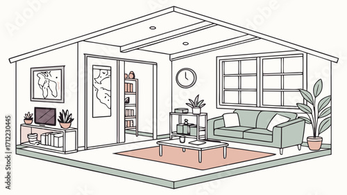 Isometric illustration of a living room interior design modern home decor cozy apartment minimalist furniture house plan architectural sketch simple line art home design inspiration room.