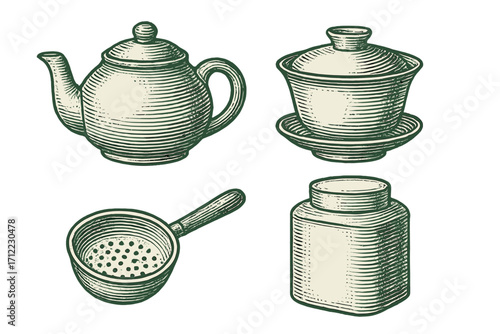 Traditional tea ceremony items including a classic teapot, lidded tea cup with saucer, tea strainer, and storage caddy for brewing and serving