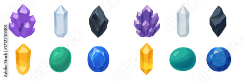 Vibrant collection of diverse faceted and raw crystals with smooth polished gemstones for fantasy game assets and magical concepts