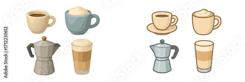 Collection of coffee beverages and brewing equipment including espresso cups, latte glasses, and moka pots