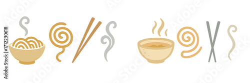 Stylized Asian food elements featuring steaming noodle bowl, hot soup, and various chopsticks with steam swirls
