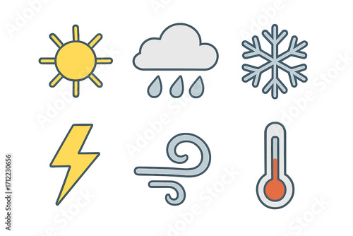 Set of weather forecast icons and symbols including sun, rain, snow, lightning, wind, and thermometer