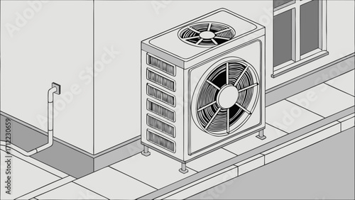 Isometric illustration of an outdoor HVAC unit on a pavement near a building wall.
