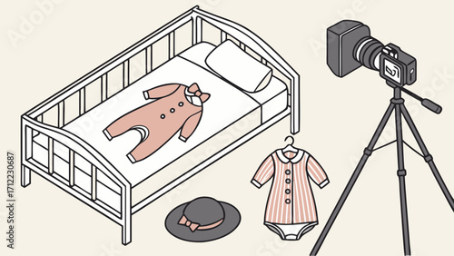 Isometric Illustration of Baby Clothes Crib and Camera Setup for Photography or Video Production.