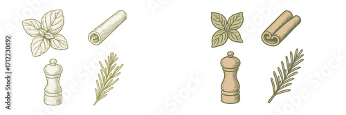 Assortment of fresh culinary herbs like basil and rosemary, aromatic spices such as cinnamon, and essential kitchen grinders for cooking and seasoning