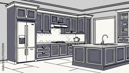 Kitchen Design Plan Modern Kitchen Sketch Home Interior Illustration Cabinetry Layout Island Counter Appliance Placement Grey Kitchen Contemporary Design Kitchen Renovation Blueprint Hom.