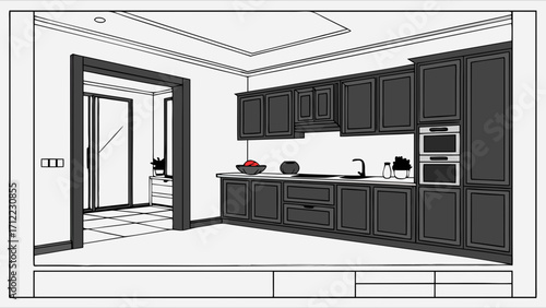Kitchen design sketch modern cabinetry interior architecture drawing home renovation blueprint house plan illustration dark wood kitchen cabinets kitchen layout contemporary kitchen design.