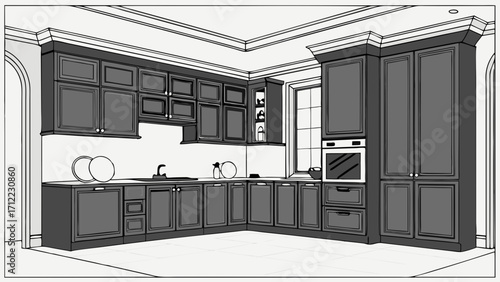 Kitchen Design Plan Modern Cabinets Home Renovation Interior Sketch Grey Kitchen Illustration.