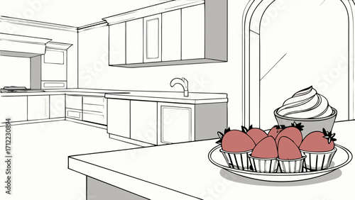 Kitchen interior design sketch modern cabinets dessert and fruit on countertop home decor illustration.