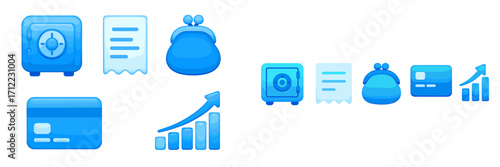 Blue financial icons set featuring safe, receipt, coin purse, credit card, and rising bar chart