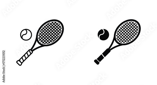 Simple black and white illustration depicting two tennis rackets and balls