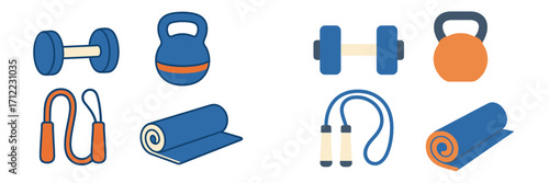 Collection of essential gym and home workout equipment including dumbbells kettlebells jump ropes and yoga mats for fitness and exercise