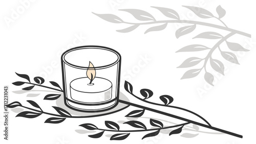 Lit candle in glass holder with leaves design minimalist spa yoga meditation serenity relaxation illustration.