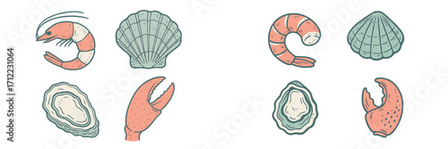 Assortment of fresh seafood elements including shrimp, scallops, oysters, and crab claws for culinary designs