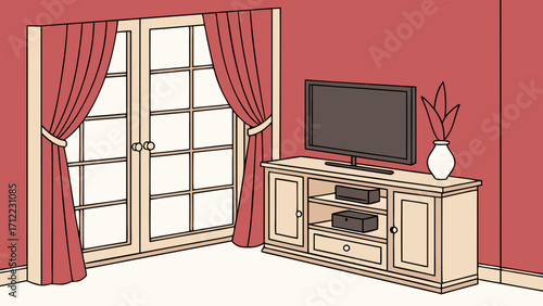 Living Room Interior Design Flat-Screen TV Wooden Cabinet Red Walls French Doors and Curtains.