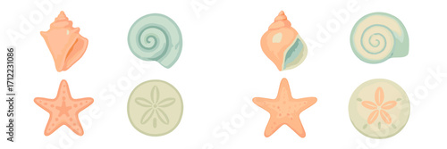 Pastel colored seashells, spiral shells, starfish, and sand dollars set for ocean themed designs and summer decorations
