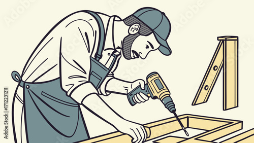 Man using a power drill to assemble wood DIY home improvement woodworking project.
