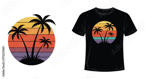 Vintage sunset with palm trees graphic design on a black t shirt